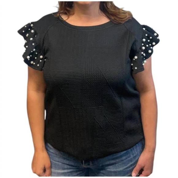 NEW UMGEE pearl ruffle sleeve top in black - Picture 1 of 3